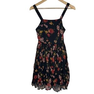 Black Floral Sleeveless Square Neck Pleated Women's Dress XS Fairy Whimsygoth